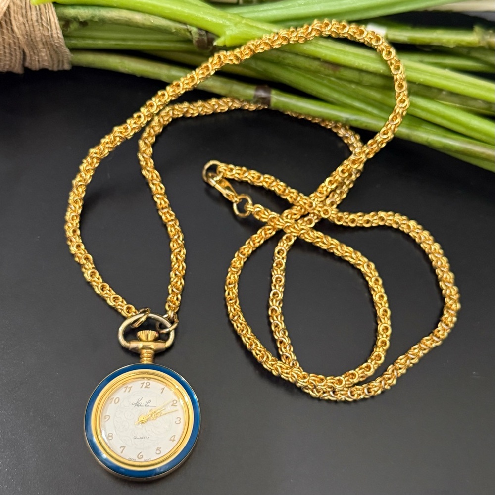 KATHIE LEE Pendant Watch Gold-tone Byzantine Link Chain Necklace NEEDS Battery